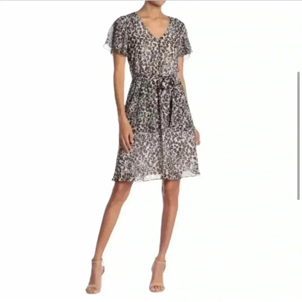 Sharagano leopard print flutter dress NWT
